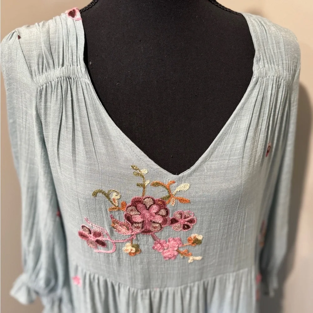Hope Springs Floral‎ Embroidered Blue Dress Medium Boho Chic! Cottagecore - Picture 5 of 9